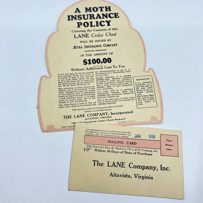 1939 Lane Cedar Chest Moth Insurance Card Insert and Mailing Card AA7