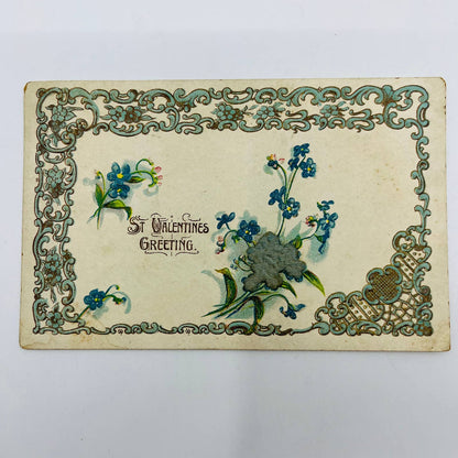 1907 Valentine’s Post Card Art Nouveau Blue Flowers Embossed PA3