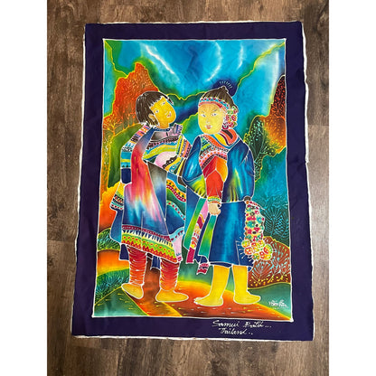 Original LARGE Hand Painted Samui Batik Figural Art Panel Thailand 43x31