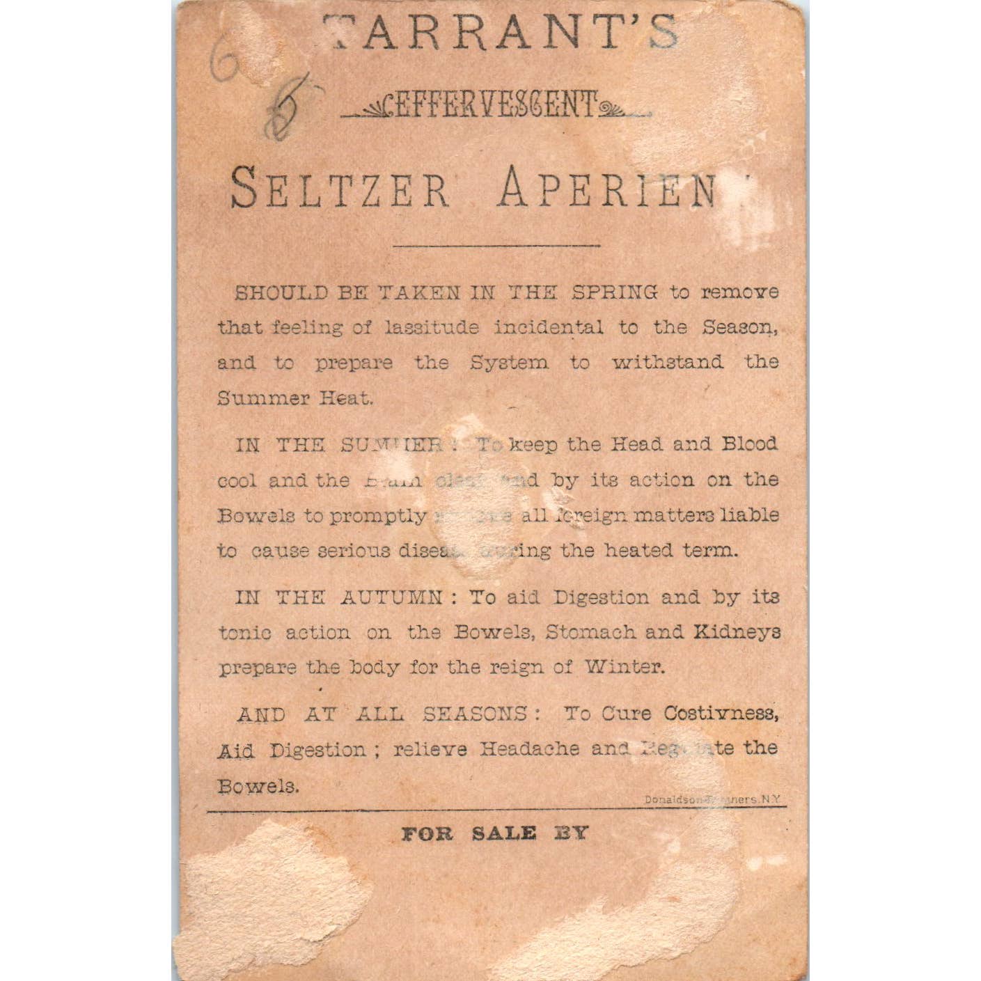 1880s Victorian Trade Card Tarrant's Seltzer Aperient Quack Medicine SF2