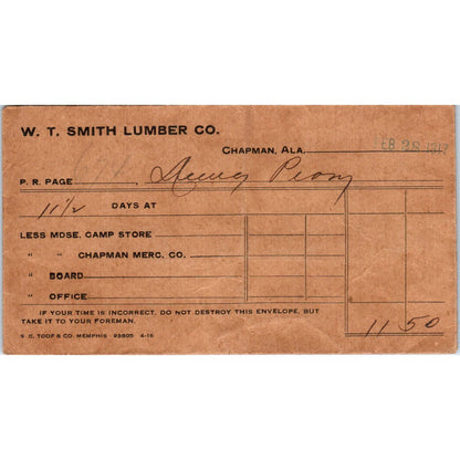 1917 W.T. Smith Lumber Co Envelope Chapman Alabama AD6