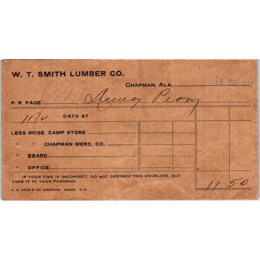 1917 W.T. Smith Lumber Co Envelope Chapman Alabama AD6