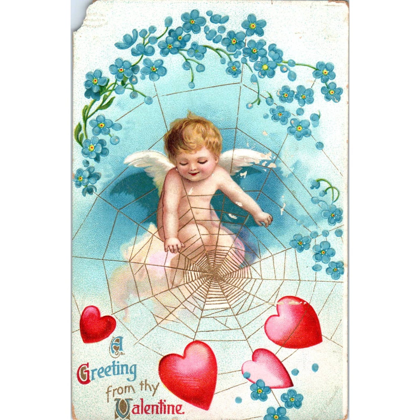 Antique Postcard Valentines Day Cupid in Spider Web Embossed SF2