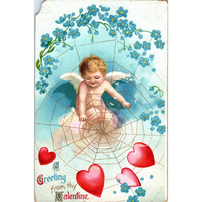 Antique Postcard Valentines Day Cupid in Spider Web Embossed SF2