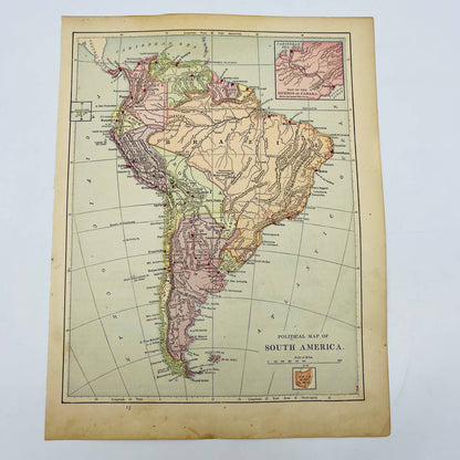 1896 Harper’s School Geography Political Map of SOUTH AMERICA Color 9x12” FL1