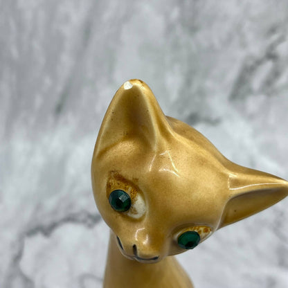 1950s MCM Long Neck Siamese Cat Figurine Ornament Tan Green Eyes 9" TA2-1