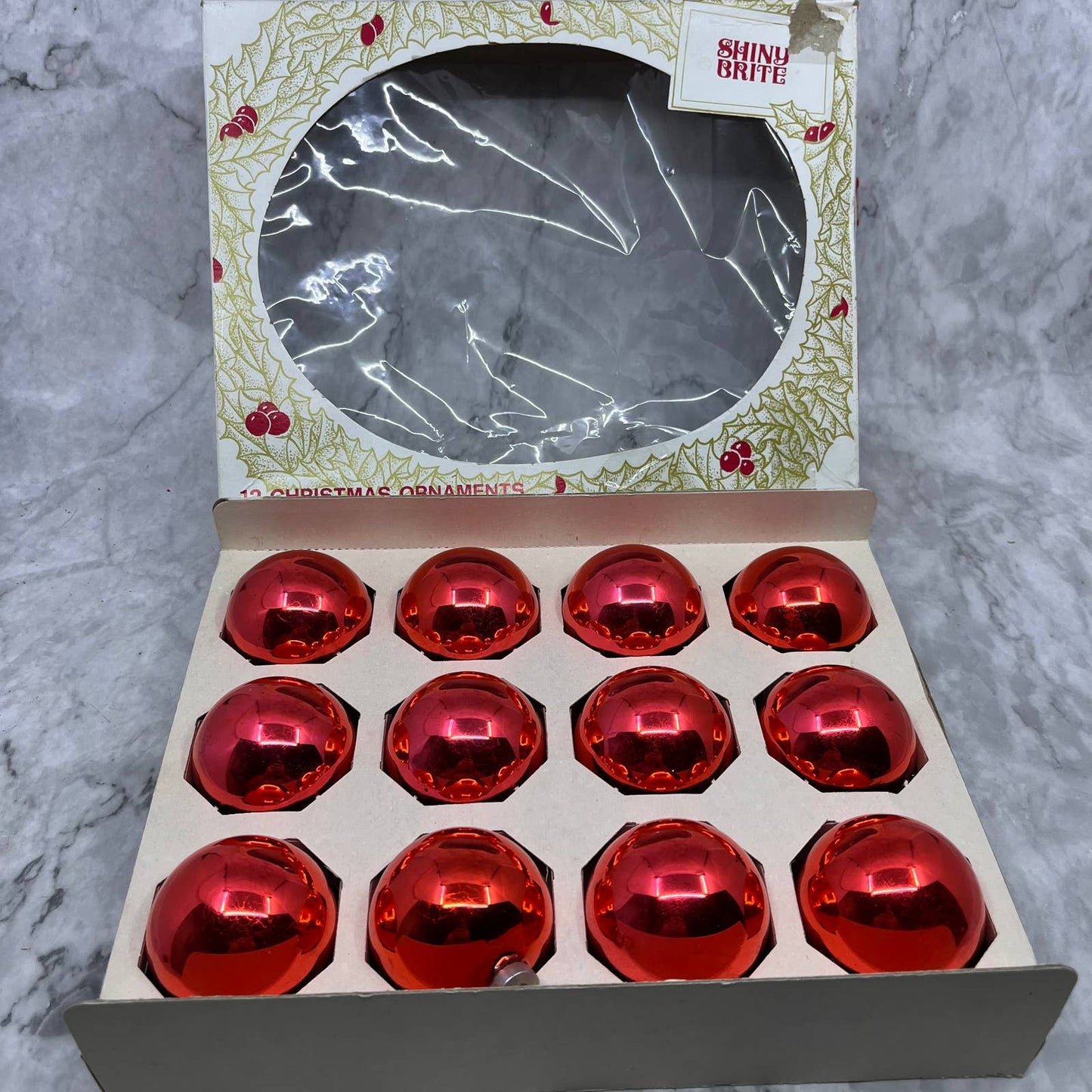 Shiny Brite 12 Vintage 2 1/4" Mercury Glass Ornaments Original Box Red Pink OT1