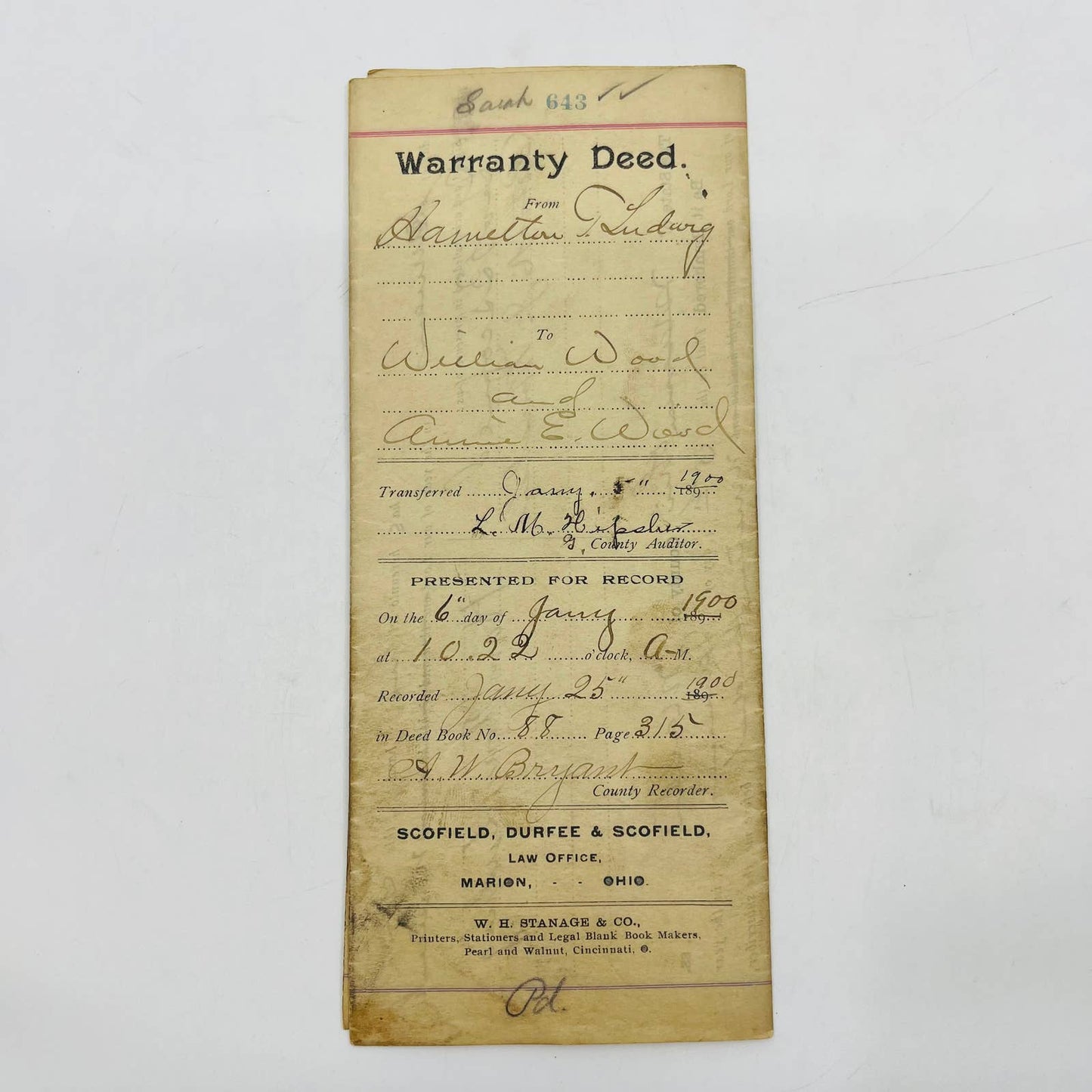 1900 Warranty Deed William Wood Marion Ohio C12