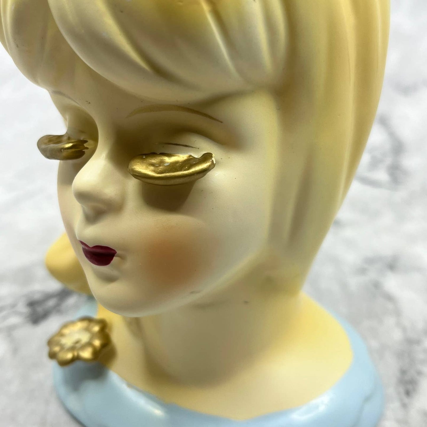 MCM Head Vase Lady Girl Japan Gold Eye Lashes Blue Dress Flower 5" TK2