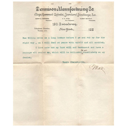 1888 Dennison Manufacturing Co. Letterhead & Envelope Henry B Dennison NY SE4