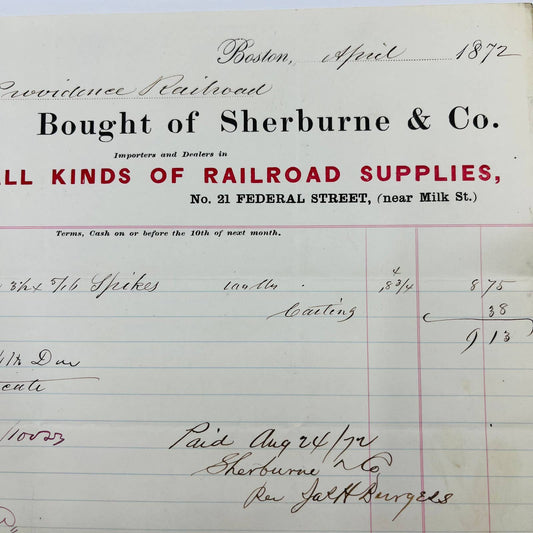 1872 Boston & Providence Railroad Sherburne & Co Billhead Letterhead Receipt AA4