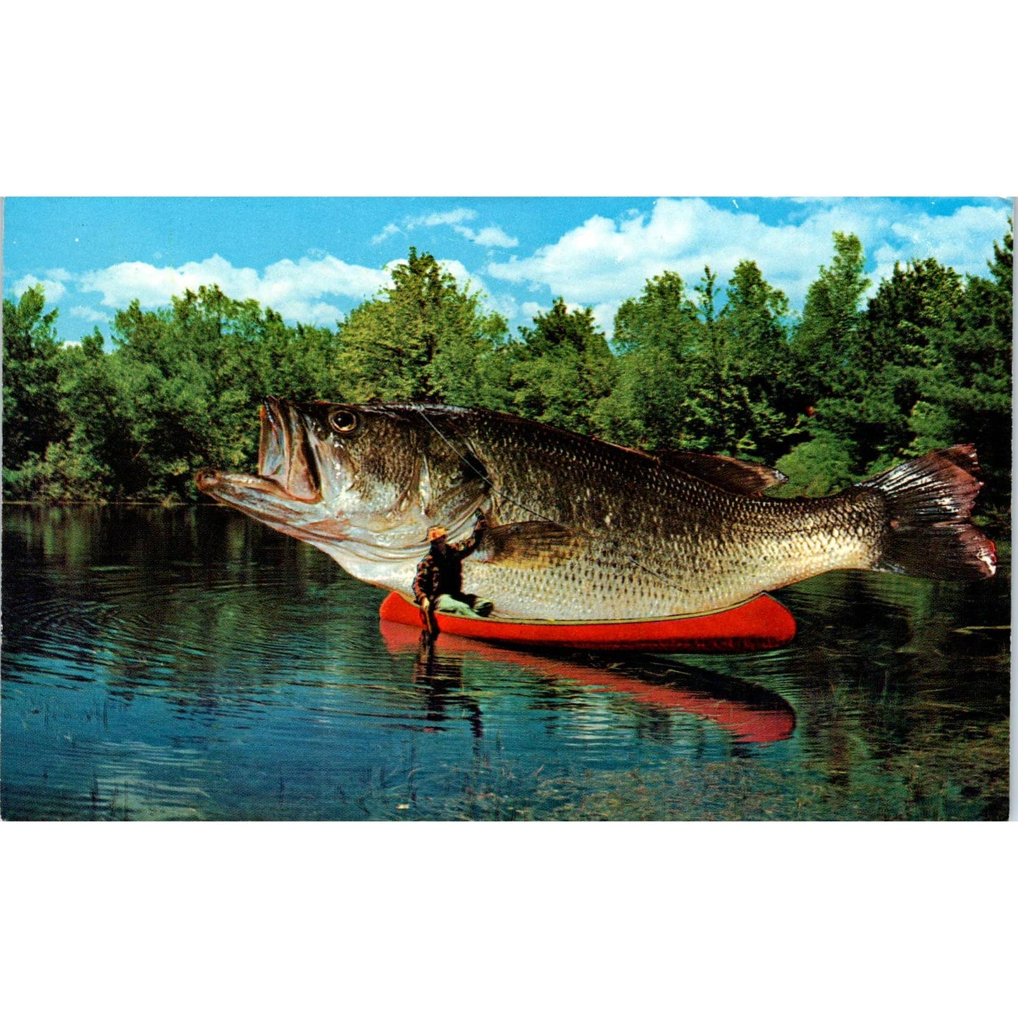 Man in Canoe with Giant Fish Humor Plastichrome 1950s Original Postcard TK1-23