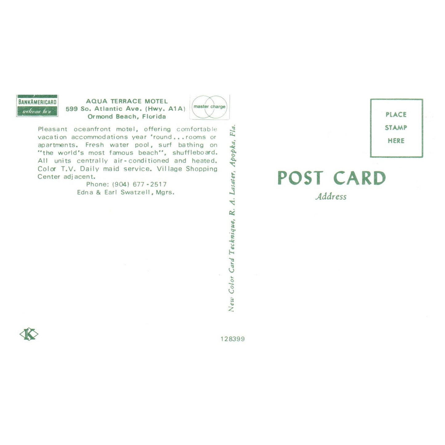 Aqua Terrace Motel Ormond Beach Florida Edna & Earl Swatzell - Postcard TJ8-1