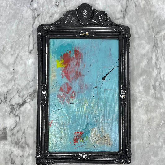 Original Framed Abstract Art Painting 14x8 “Teal in Victorian Frame” w/ COA