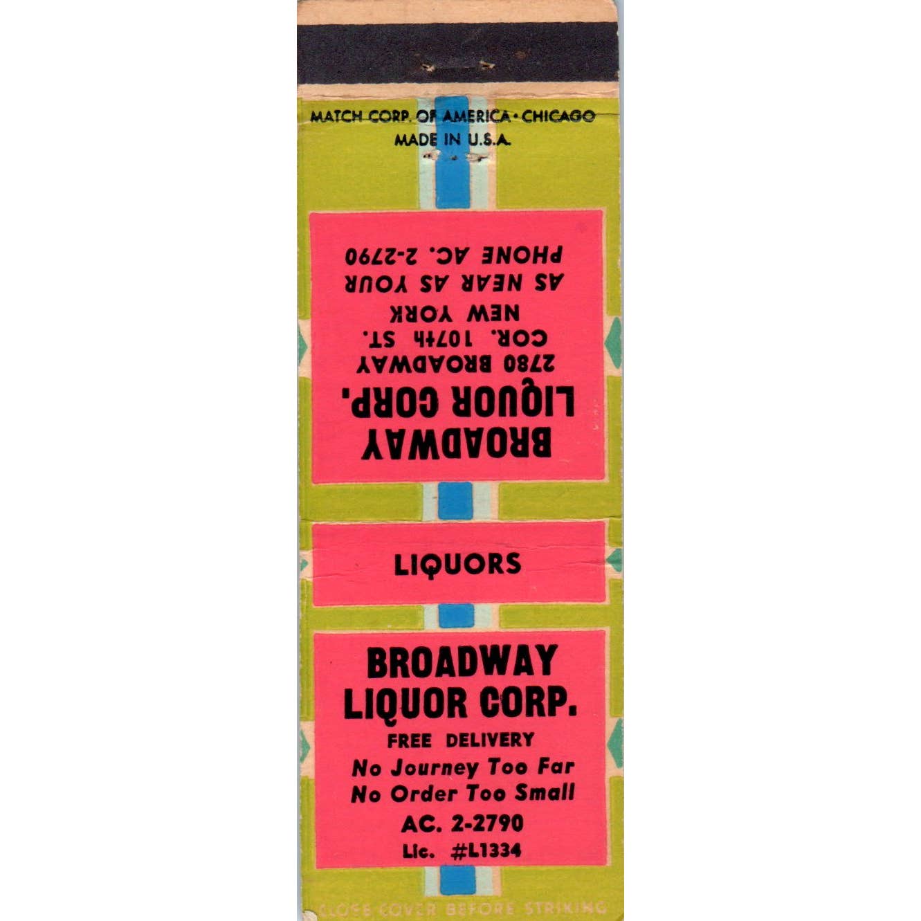 Broadway Liquor 107th St New York Advertising Matchbook Cover SA1-M8