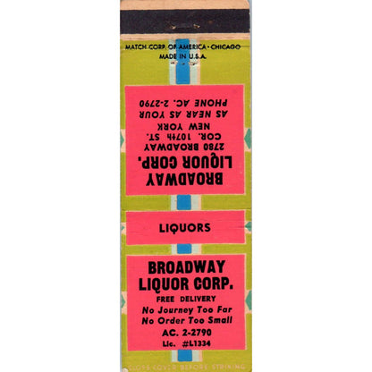 Broadway Liquor 107th St New York Advertising Matchbook Cover SA1-M8