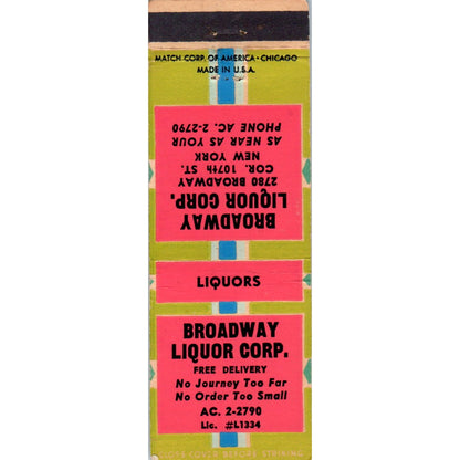 Broadway Liquor 107th St New York Advertising Matchbook Cover MM9-8