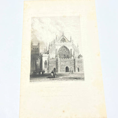 1836 Original Art Engraving Exeter Cathedral West Front, Floor Plan and Bio TG6