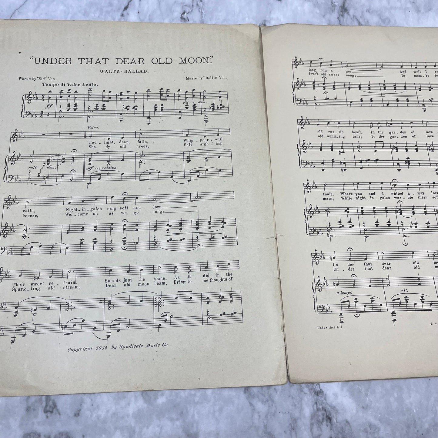 1914 Under That Dear Old Moon Sid & Dolly Von Sheet Music V41-2