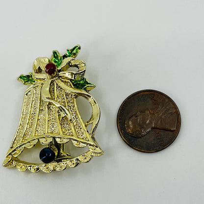 Vintage Gerry’s Enamel Christmas Bell Holly Pin Brooch Gold Tone SB2