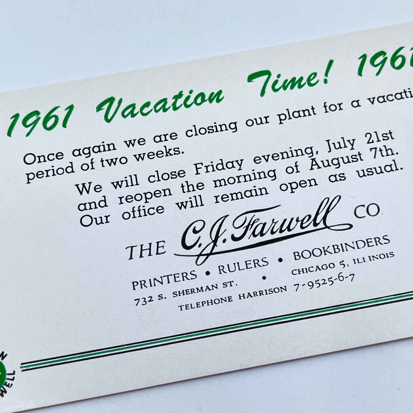 1961 Blotter Card Vacation Time! The CJ Farwell Co. Printing Chicago IL SC9