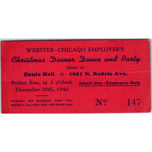 1940 Webster-Chicago Employees Christmas Dance Party Invitation Ticket SE5