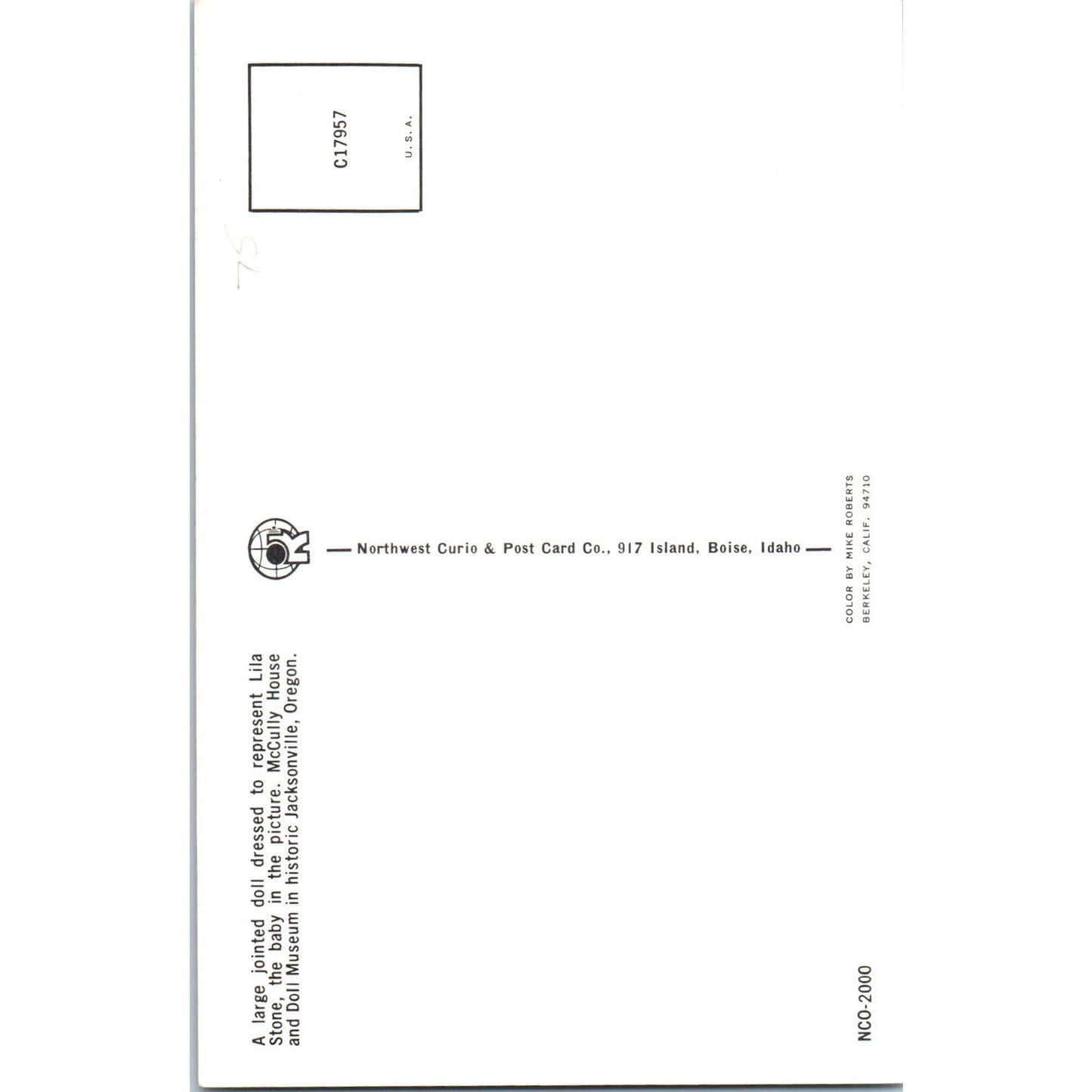 Lila Stone Doll McCully House & Doll Museum Jacksonville Original Postcard PB5