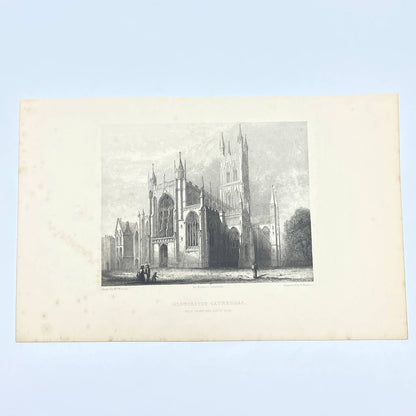 1842 Original Art Engraving Gloucester Cathedral West Front and South Side AC6