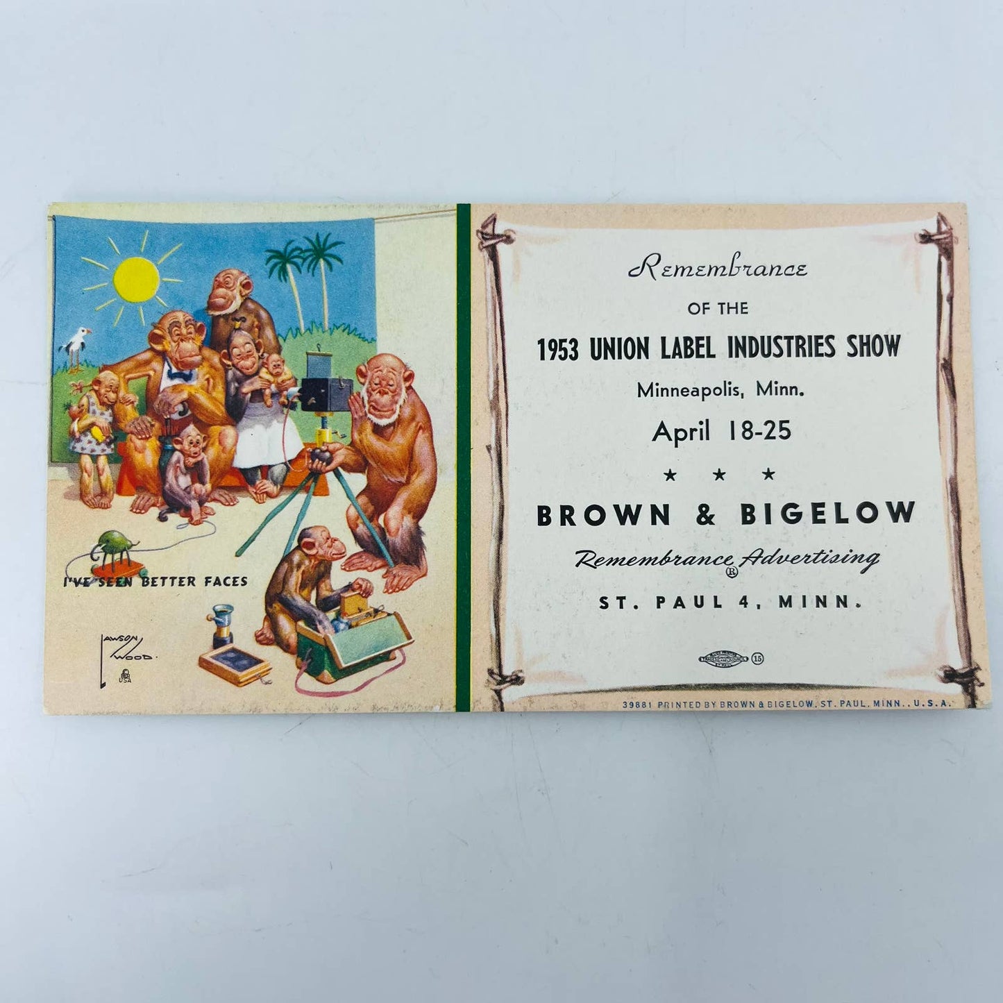 1953 Blotter Card Brown & Bigelow Union Trade Show Minneapolis MN Monkeys C5