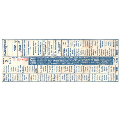 1940s New Haven Railroad Fare Voucher Punched SE4