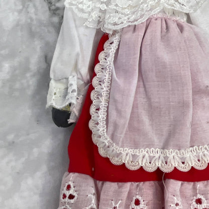 VTG BLACK & WHITE HOLSTEIN COW DOLL country lace dress w/ apron Ceramic Head TI7