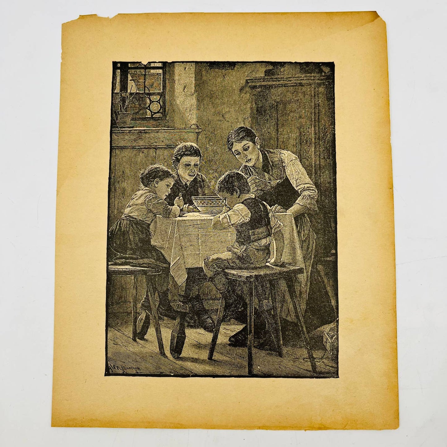 1880s Victorian Art Print Engraving Woman And Children at Dining Table C8