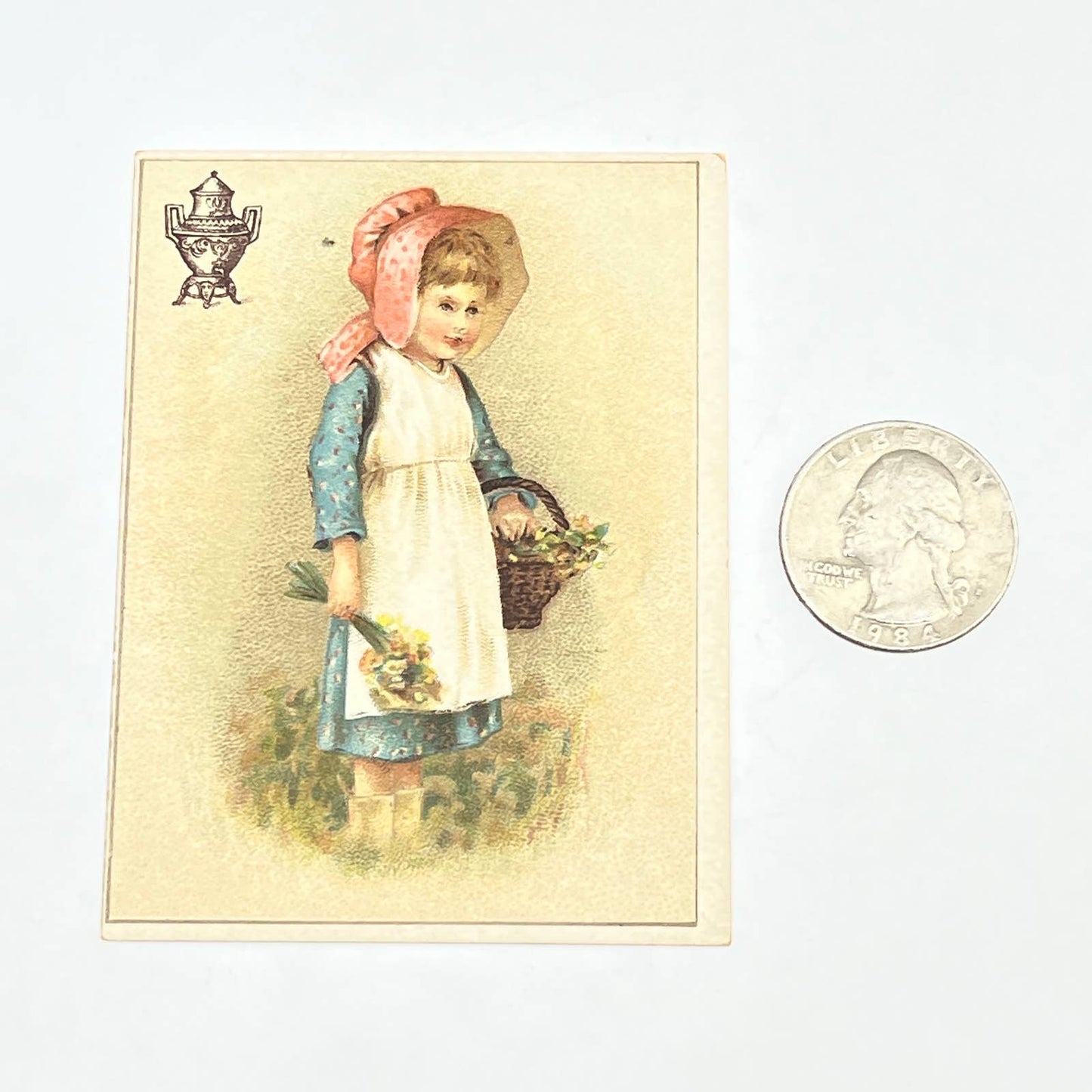 Original 1880s Victorian Trade Card Dilworth's Coffee Girl w/ Flower Basket AB6