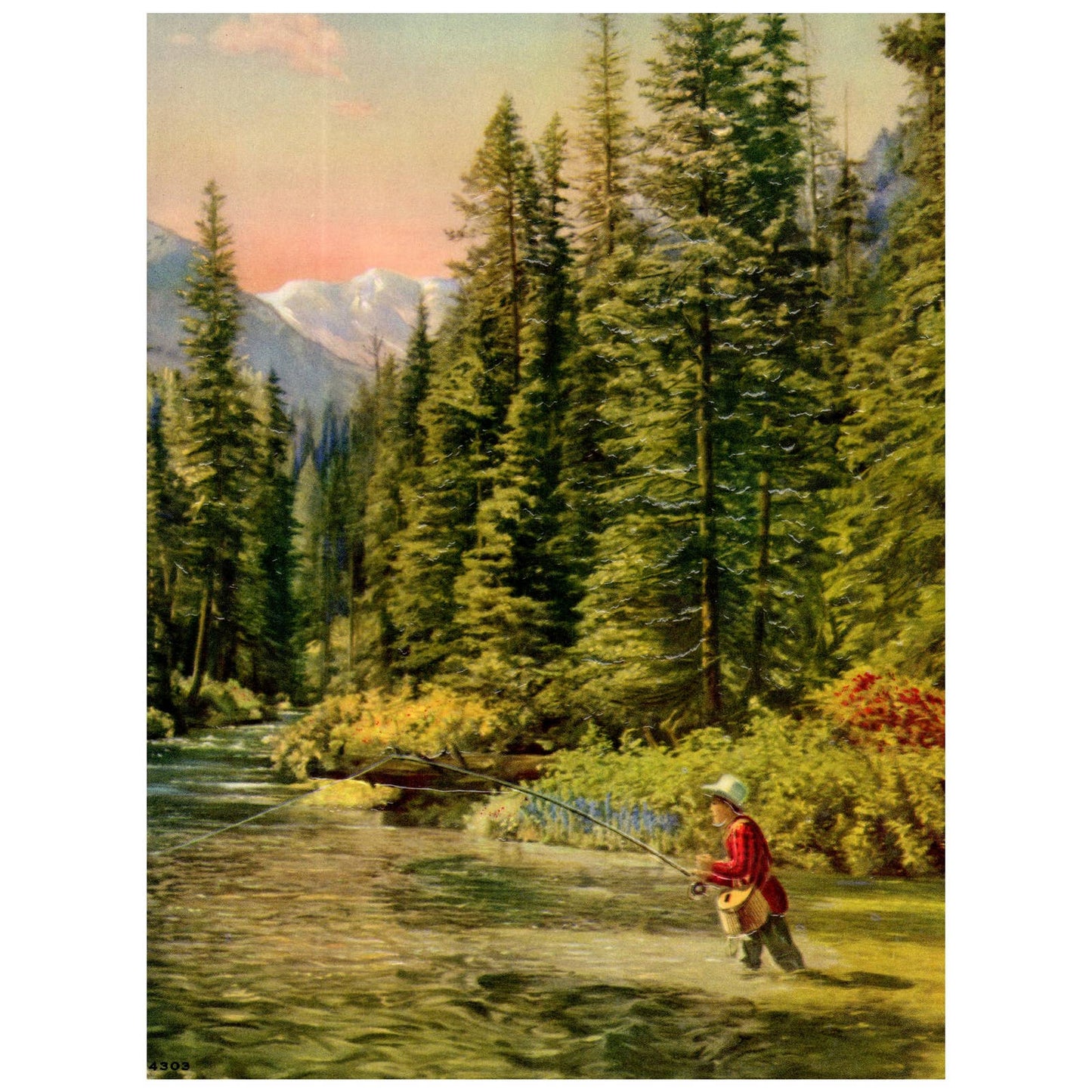 Vintage Print EMBOSSED Man Fly Fishing River Mountain Forest ~7.5x10" AC9
