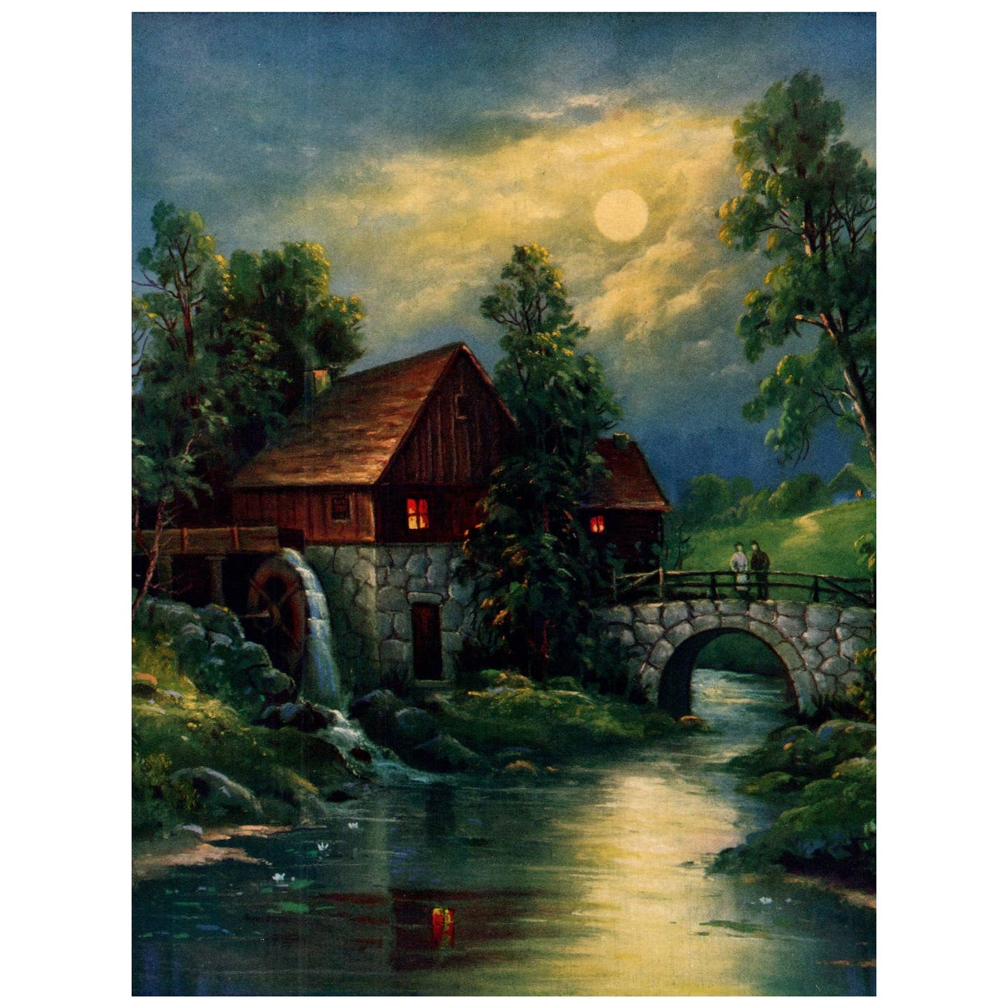 Vintage Print Old Mill at Night Cottage Stream Stone Bridge ~7.5x10" AC9
