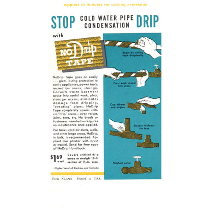 1950s MCM Advertising Leaflet Mortell No-Drip Tape for Plumbing Pipes SE4