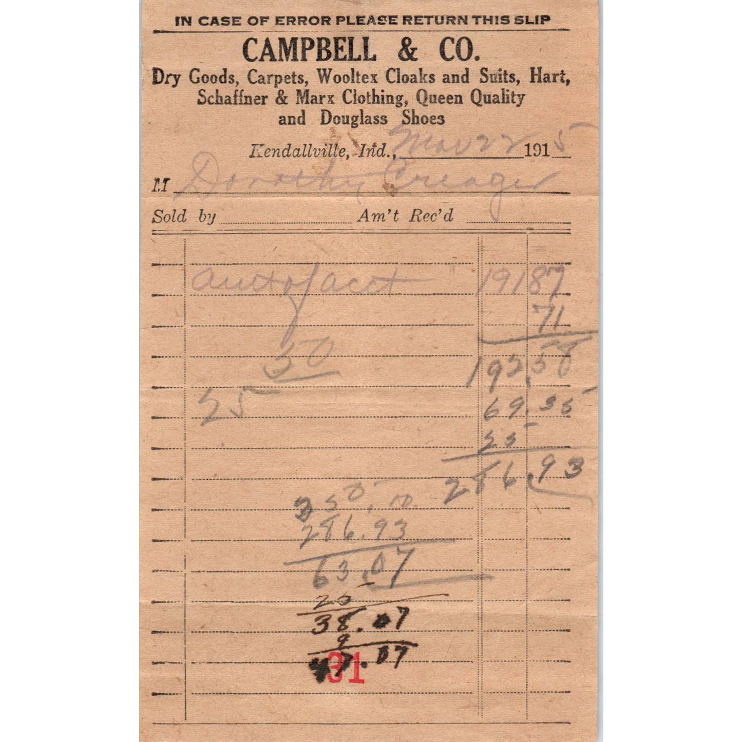 1915 Campbell & Co. Hart Schaffner & Marx Clothes Receipt Kendallville IN AD8-2