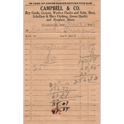 1915 Campbell & Co. Hart Schaffner & Marx Clothes Receipt Kendallville IN AD8-2