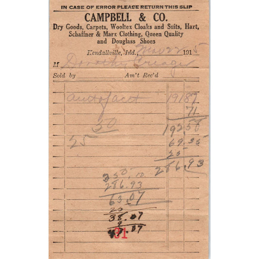 1915 Campbell & Co. Hart Schaffner & Marx Clothes Receipt Kendallville IN AD8-2