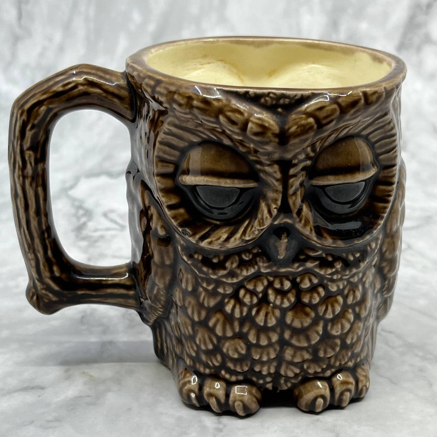 1970s Retro Sleepy Eye Brown Owl Ceramic Coffee Mug Embossed TJ1