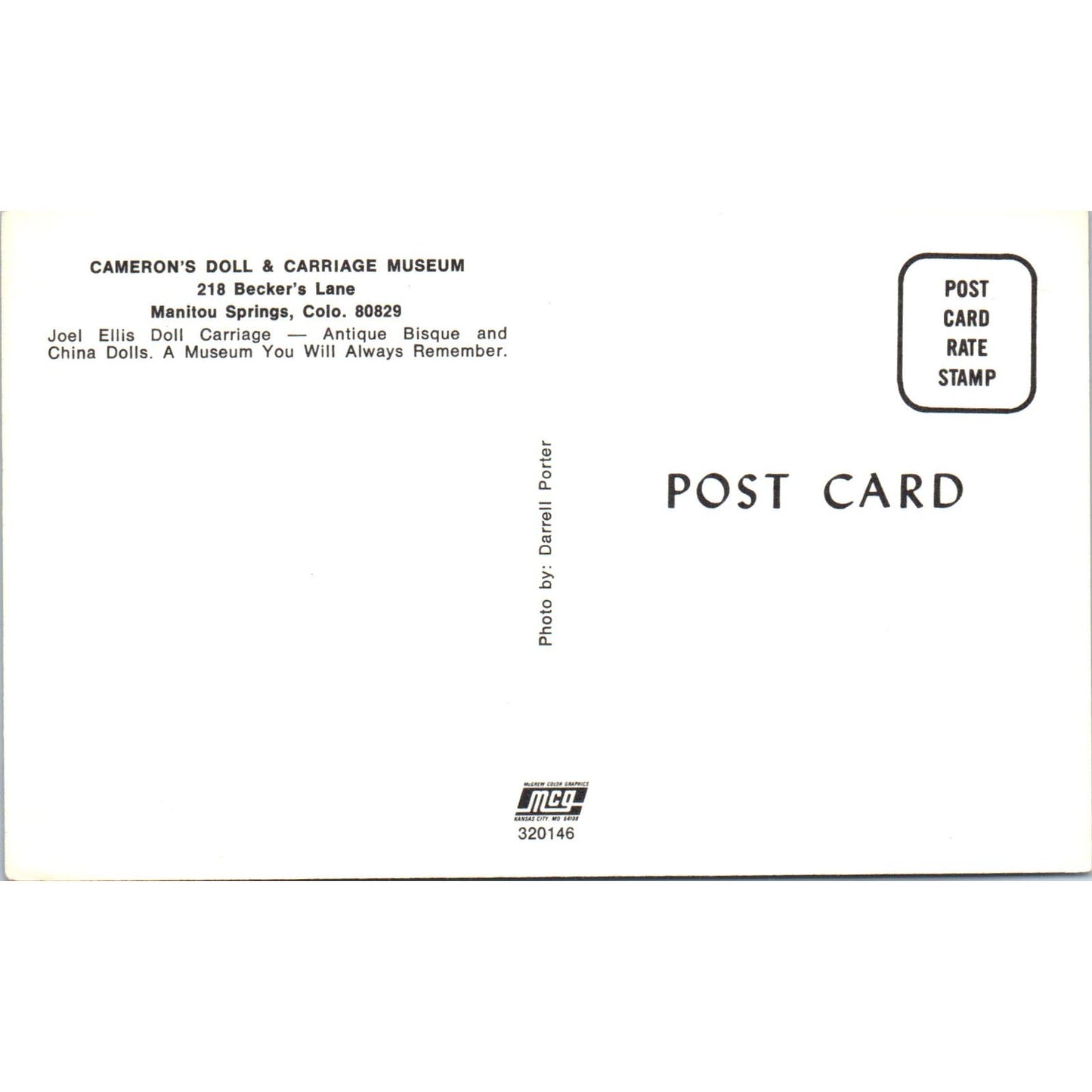 Cameron's Doll & Carriage Museum Joel Ellis Doll Carriage Original Postcard PB10