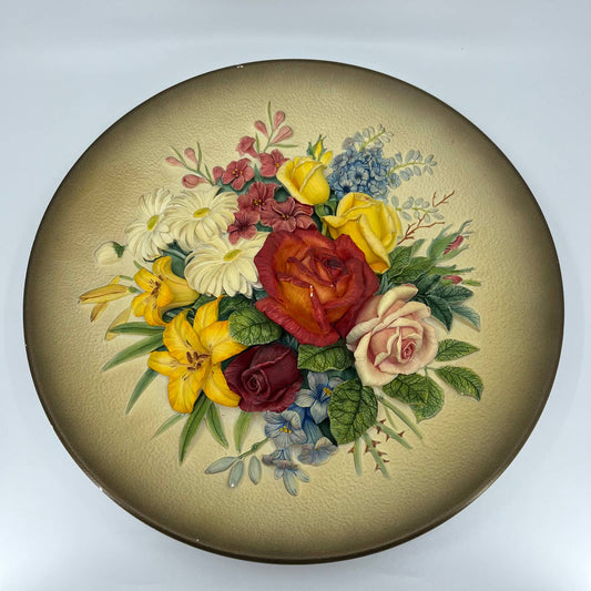 1950s WH Bossons Summer Flowers Rose Plate Hand Painted Chalkware Plate 12” TB4