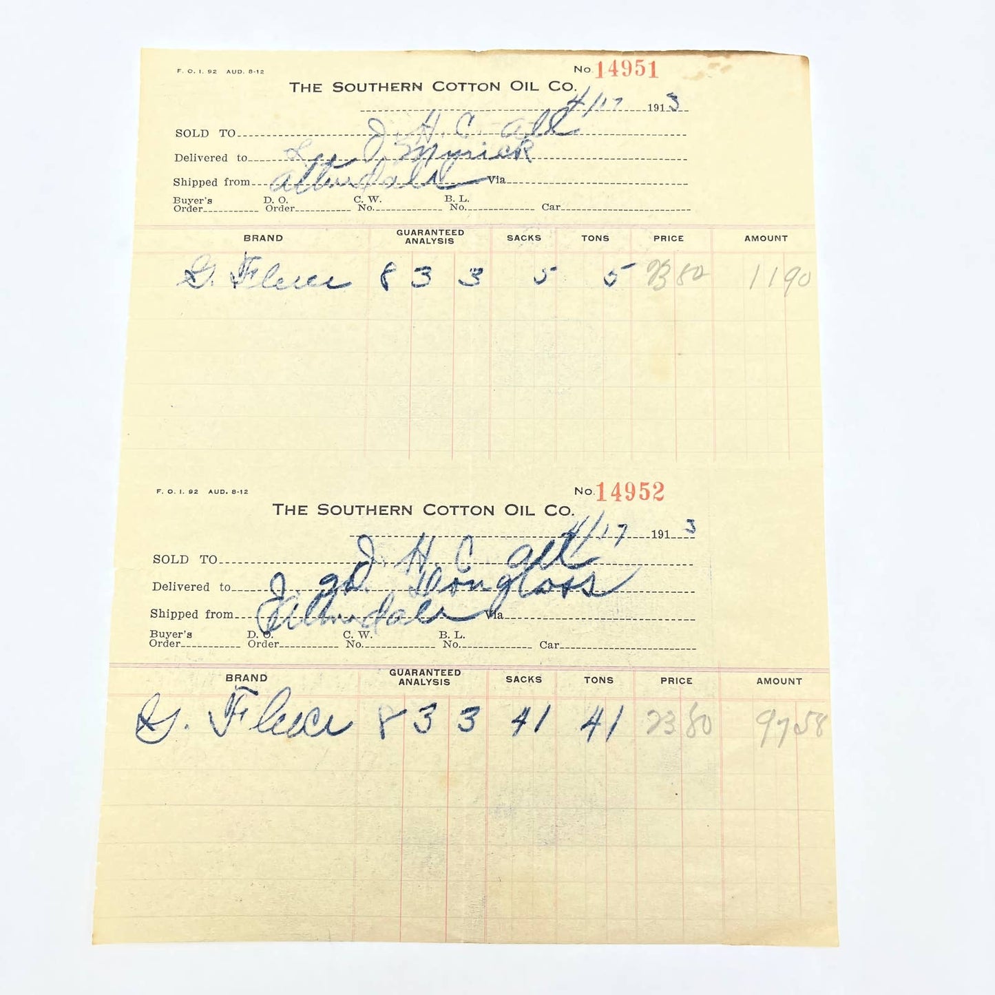 1913 Southern Cotton Oil Company Letterhead Bill head Receipt Columbia Mill AB9