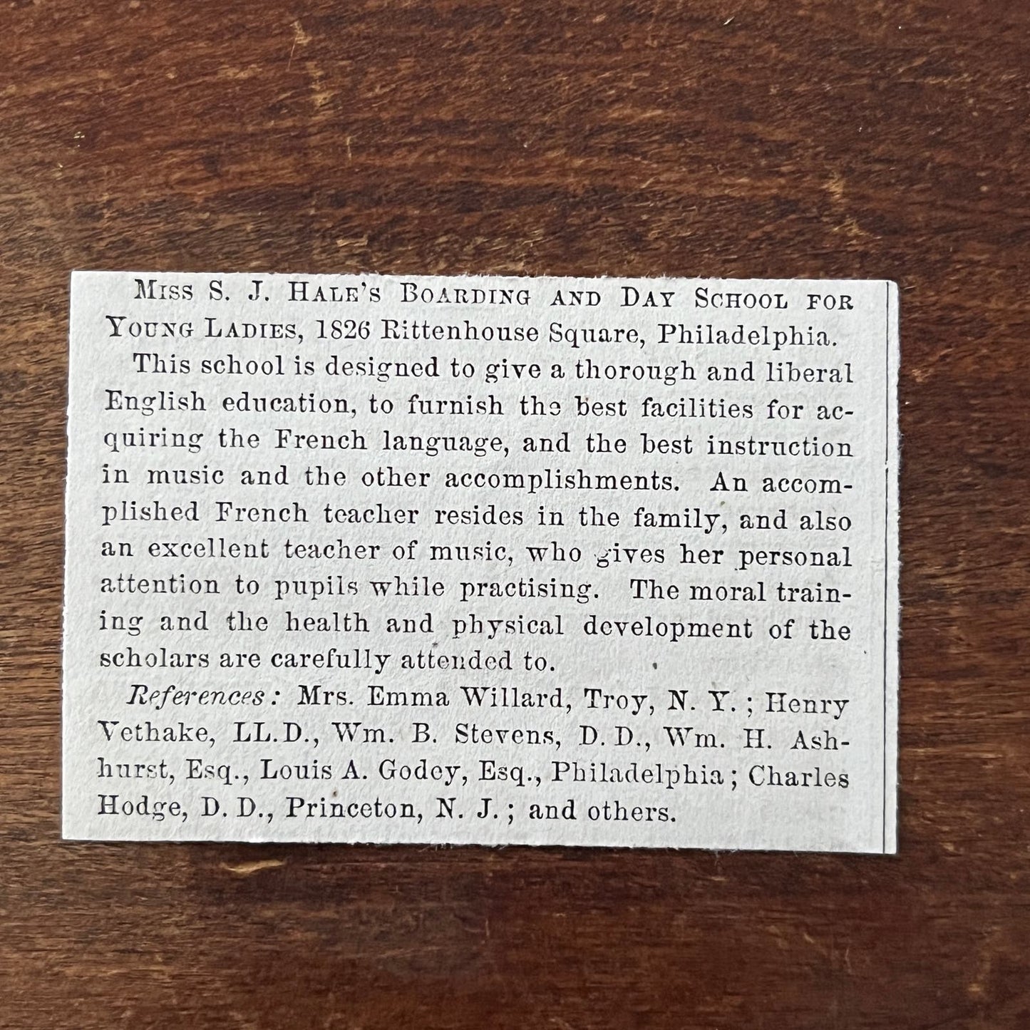 Mrs S.J. Hale Boarding & Day School for Girls Philadelphia 1861 Original AD8-P18