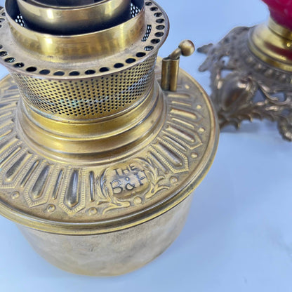 Antique B & H Red Satin Glass and Brass Gone With the Wind Lamp Base LB4