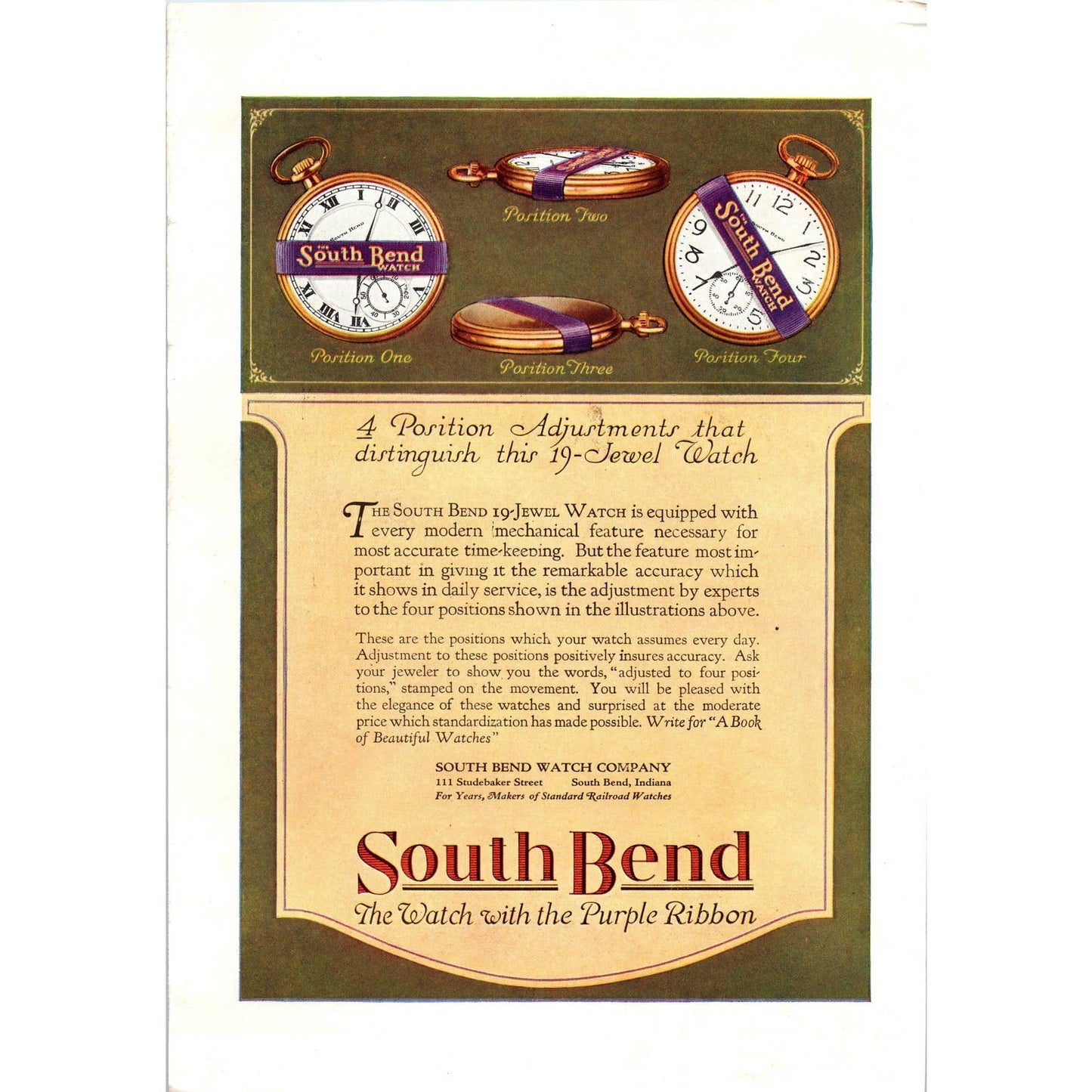 c1920 Harper's Magazine Ad - South Bend Pocket Watches Purple Band Indiana TF6-1