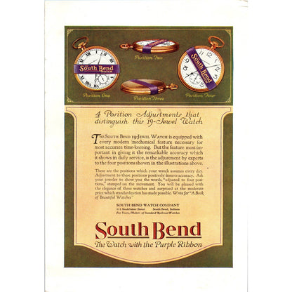 c1920 Harper's Magazine Ad - South Bend Pocket Watches Purple Band Indiana TF6-1