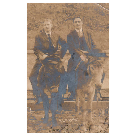 2 Men Riding Donkeys 1906 Hot Springs AR - Original Postcard RPPC TJ8-4