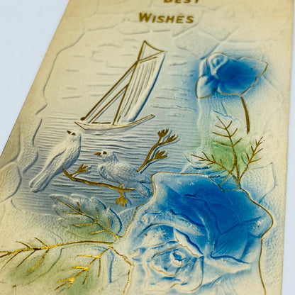 1910s Post Card Embossed Airbrushed Sailboat Doves Roses Best Wishes PA6