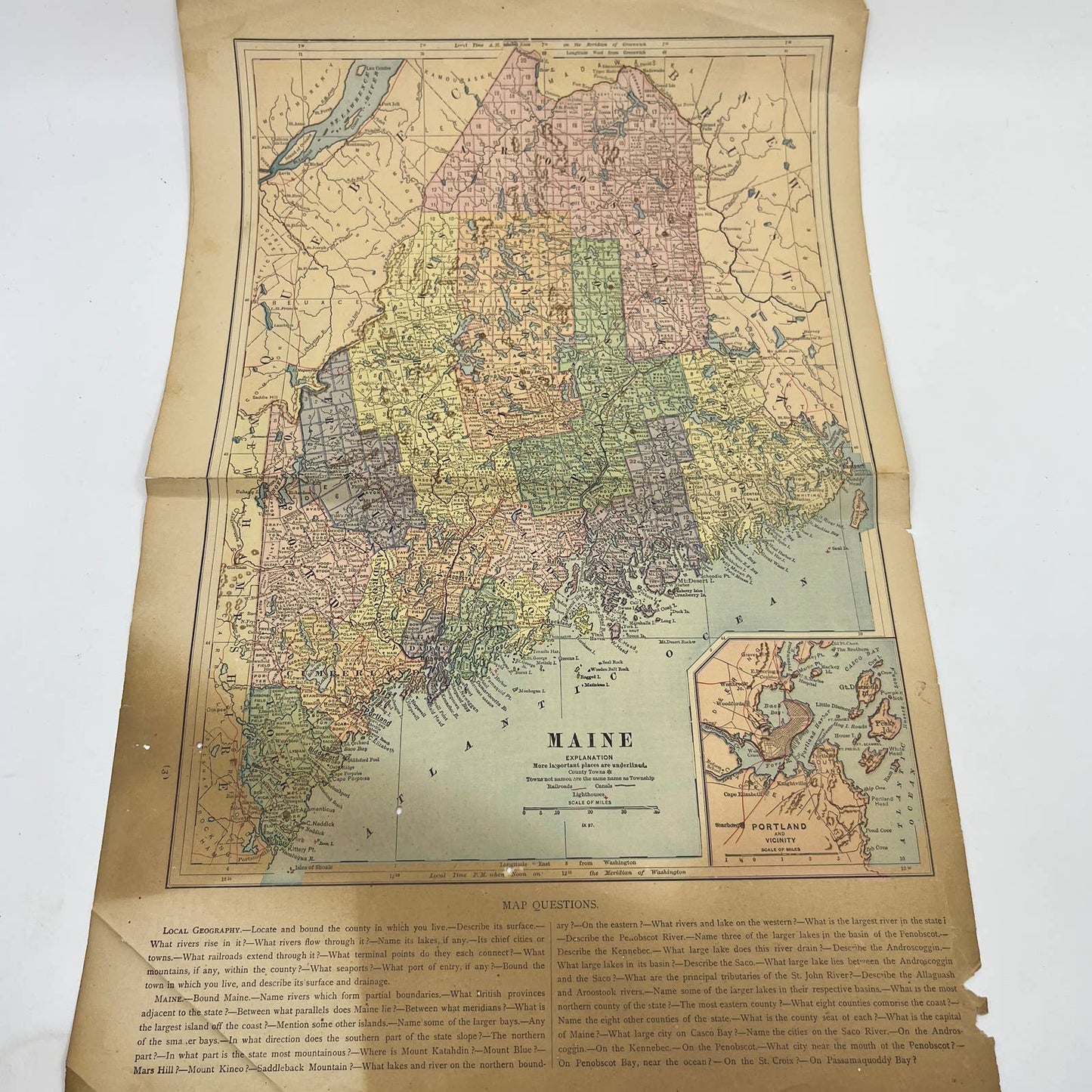 1896 Engraved Tinted Map of Maine 12x19" FL5